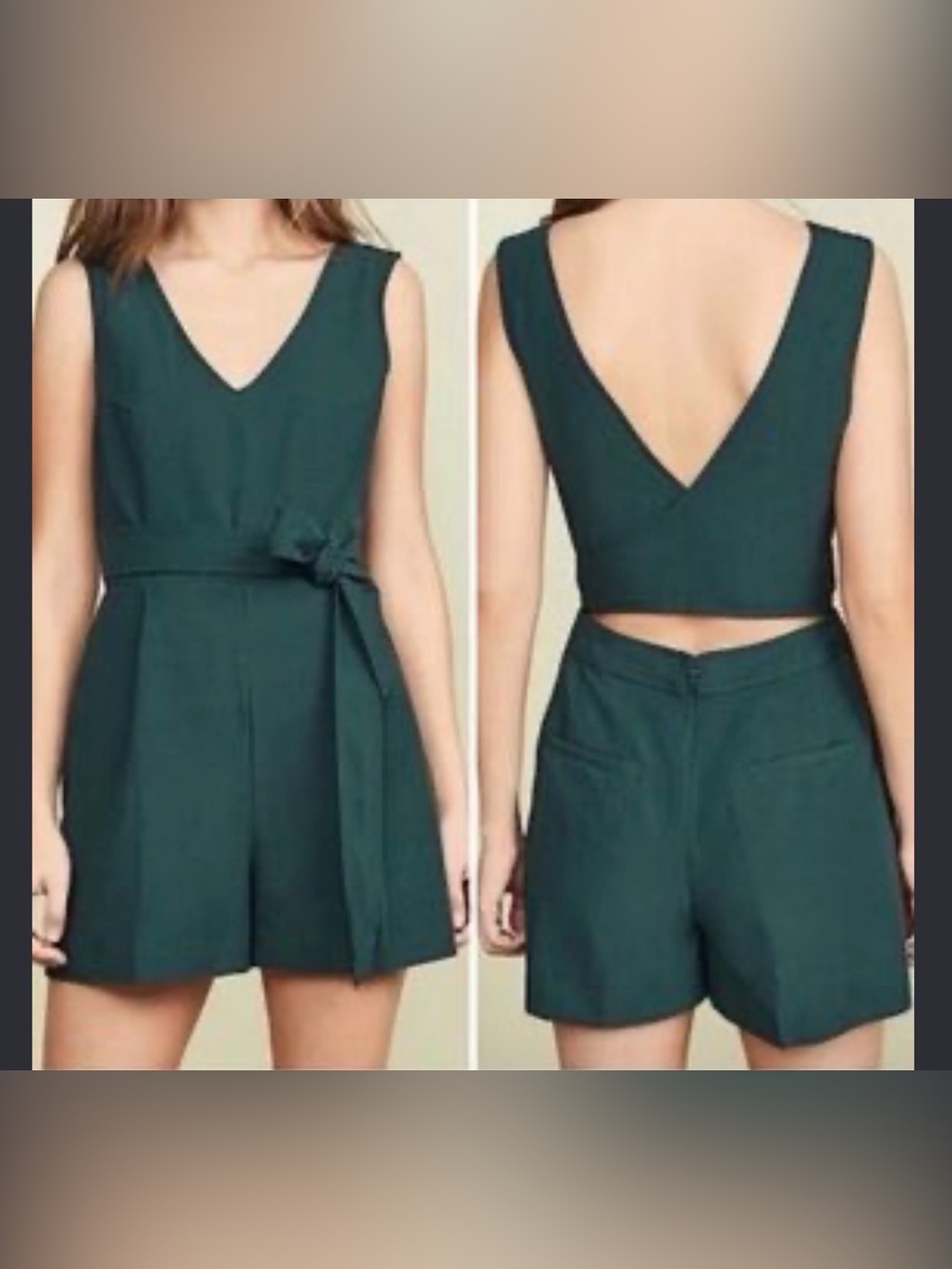 Club Monaco Deep Teal Sleeveless V‑Neck Romper with Tie Waist